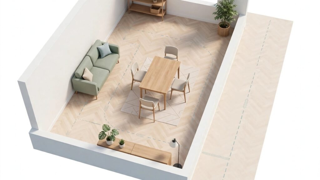 3D room view testing furniture layout and walkways