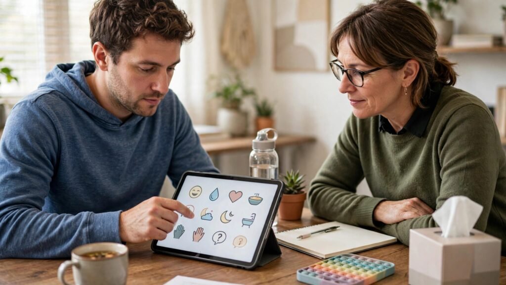 Adult using an AAC tablet to communicate with a therapist