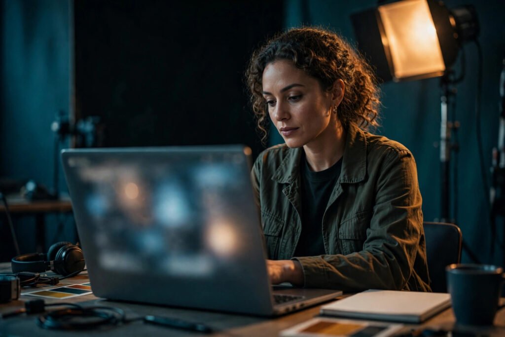 Editorial photo of a marketer reviewing ad creatives on a laptop