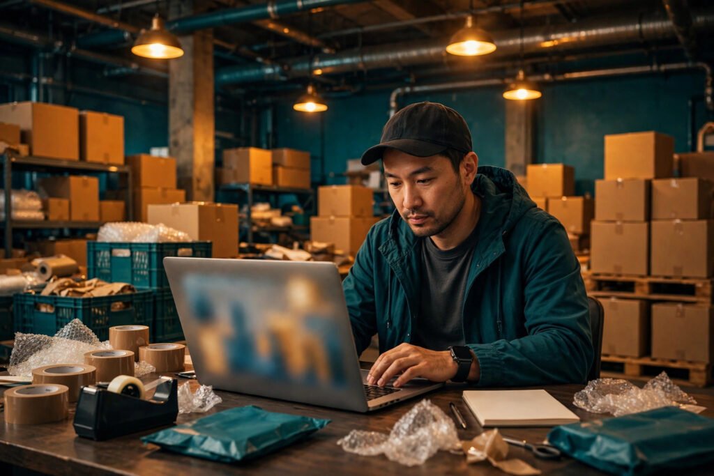 Editorial photo of an Amazon seller checking ad performance on a laptop