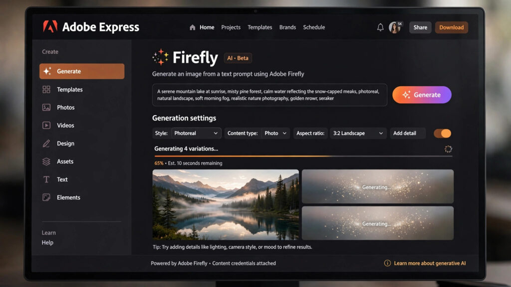 Adobe Firefly AI generation — canva vs adobe express AI features