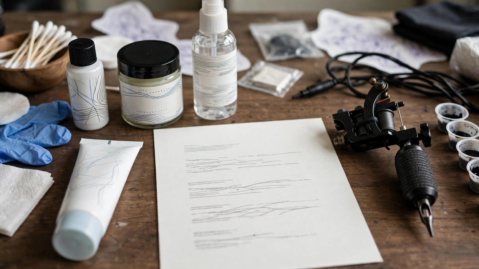 Tattoo aftercare products and instruction card on a counter