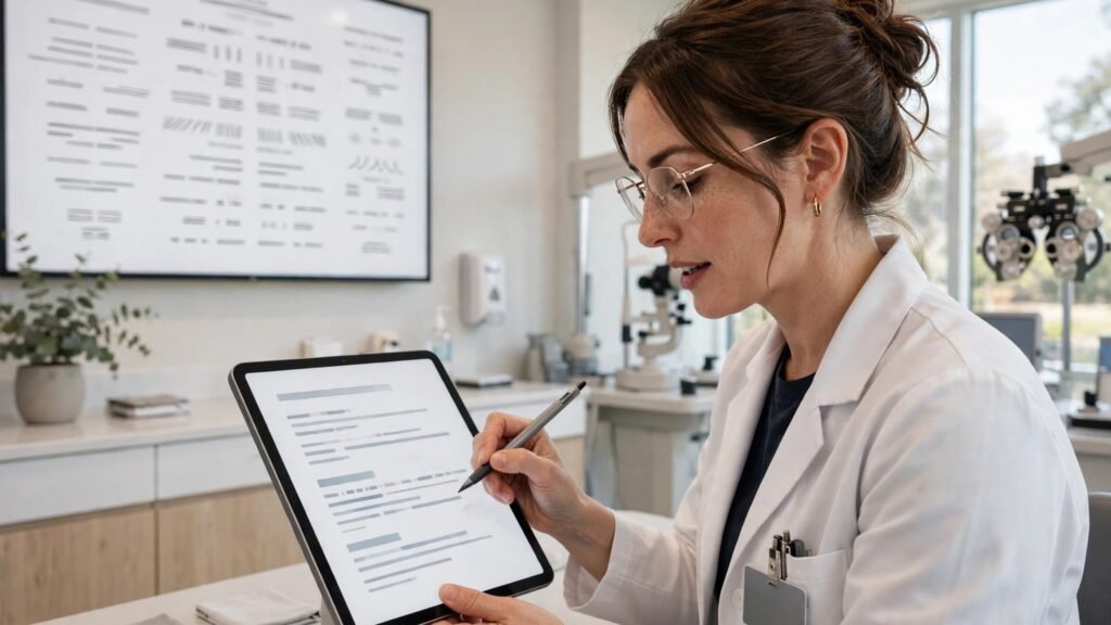 Optometrist reviewing AI drafted clinical notes on a tablet