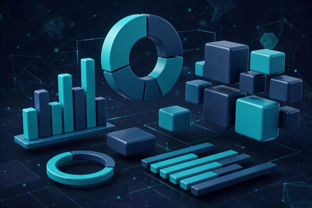 3D render of a portfolio allocation dashboard with asset blocks