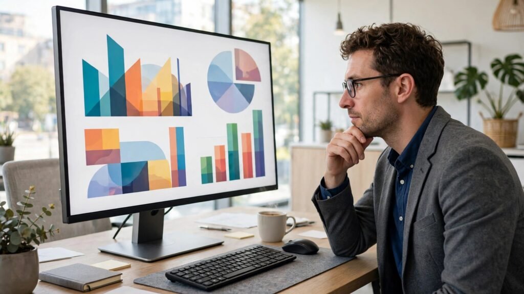 Analyst reviewing charts on a large monitor in a bright office