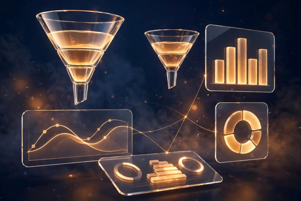 3D render of a product analytics dashboard with funnel charts