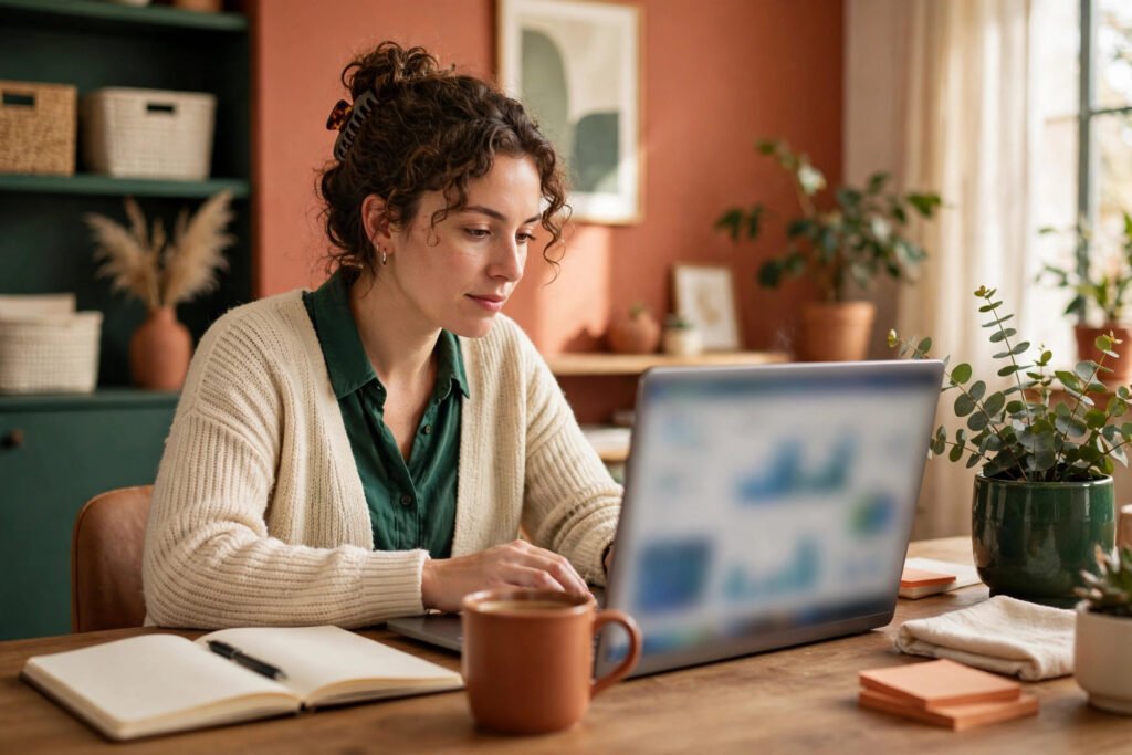 Editorial photo of a creator reviewing content analytics on a laptop