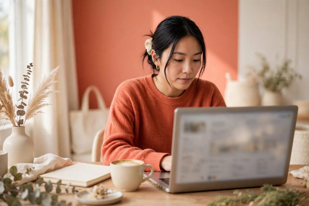 Editorial photo of a creator reviewing Pinterest analytics on a laptop
