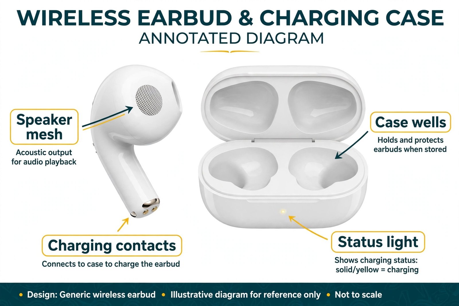 Annotated AirPods diagram showing contacts mesh and case wells