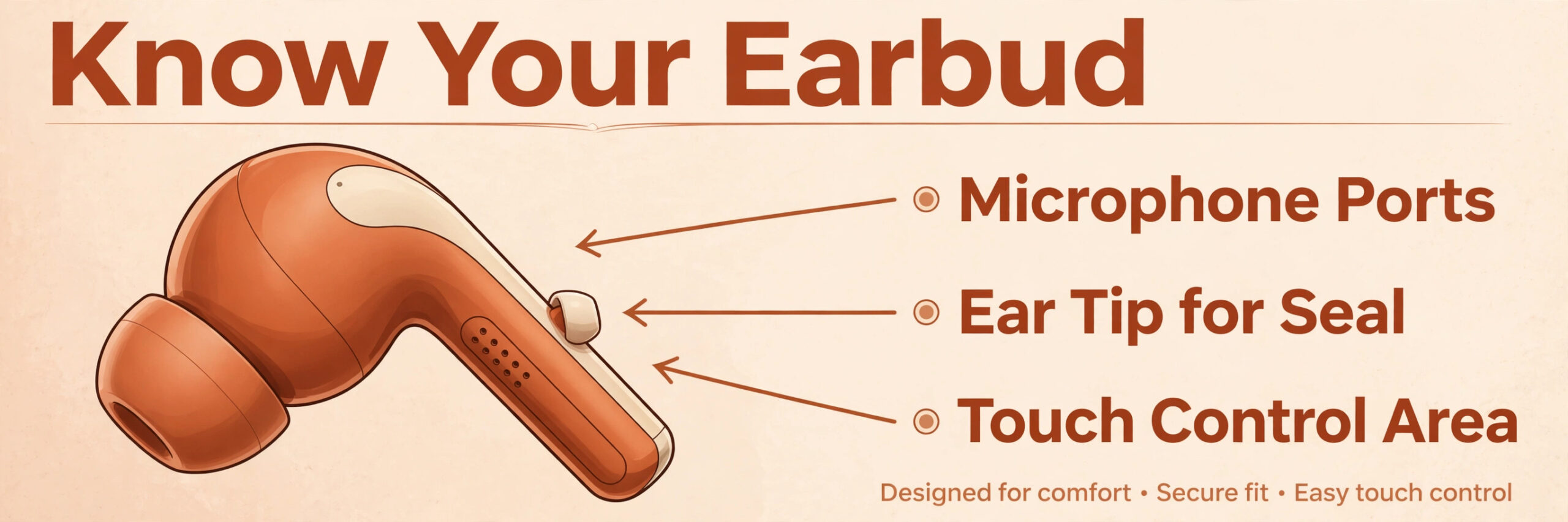 Annotated earbud showing microphone ports and ear tip fit