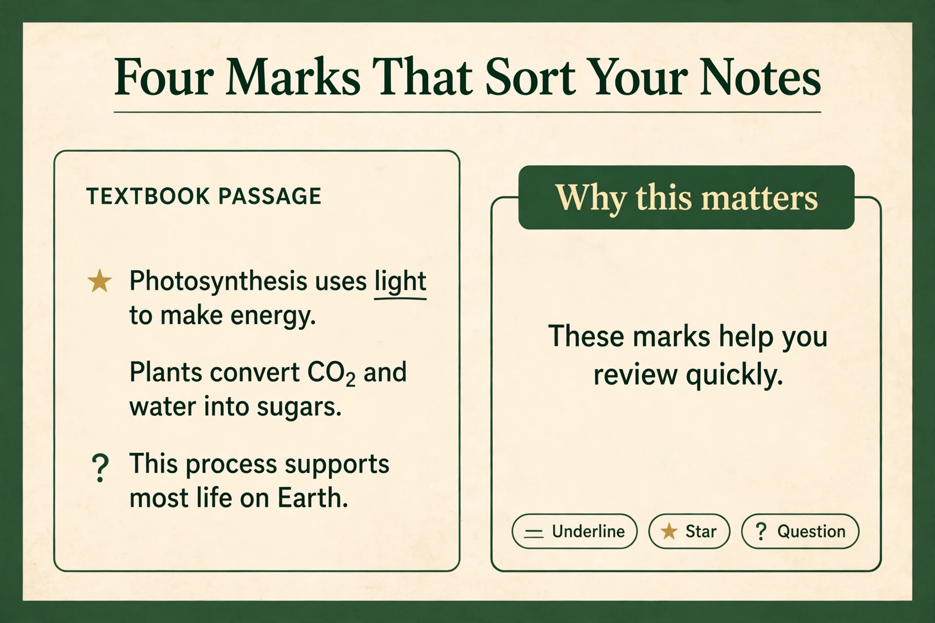 Annotated example of Kindle Scribe study notes with four mark types