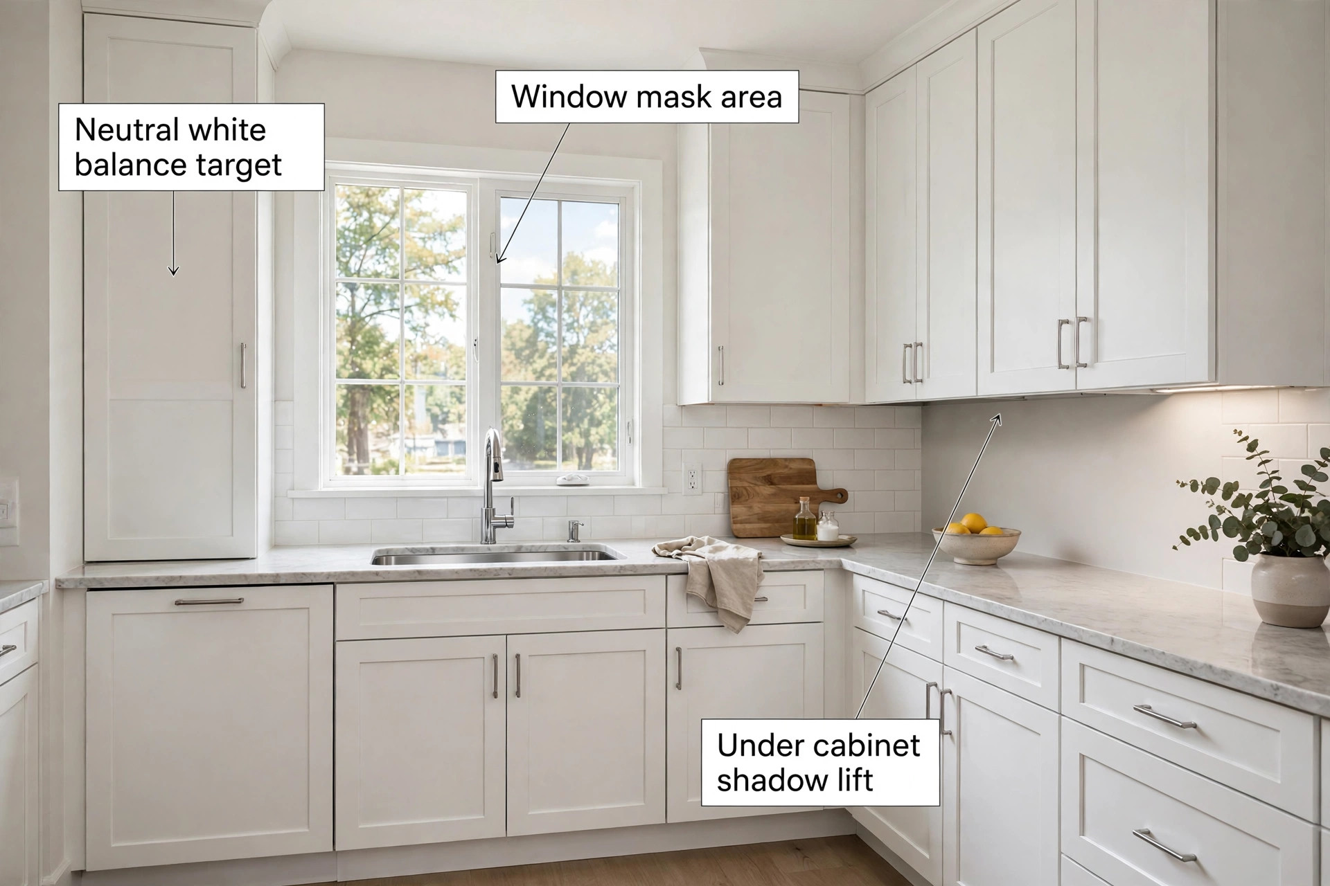 Annotated kitchen photo showing Lightroom edit points