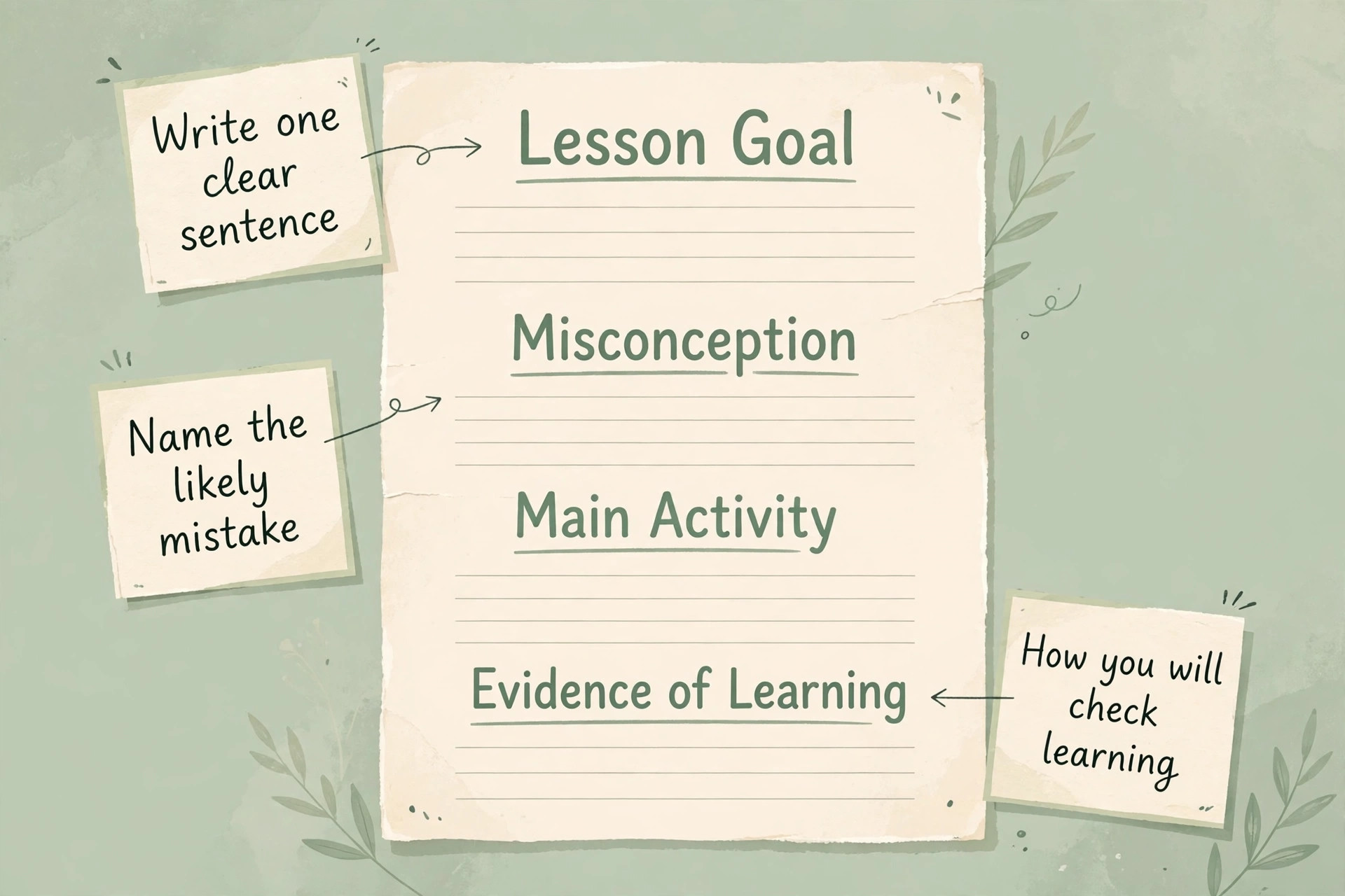 Annotated lesson plan template with notes on each section