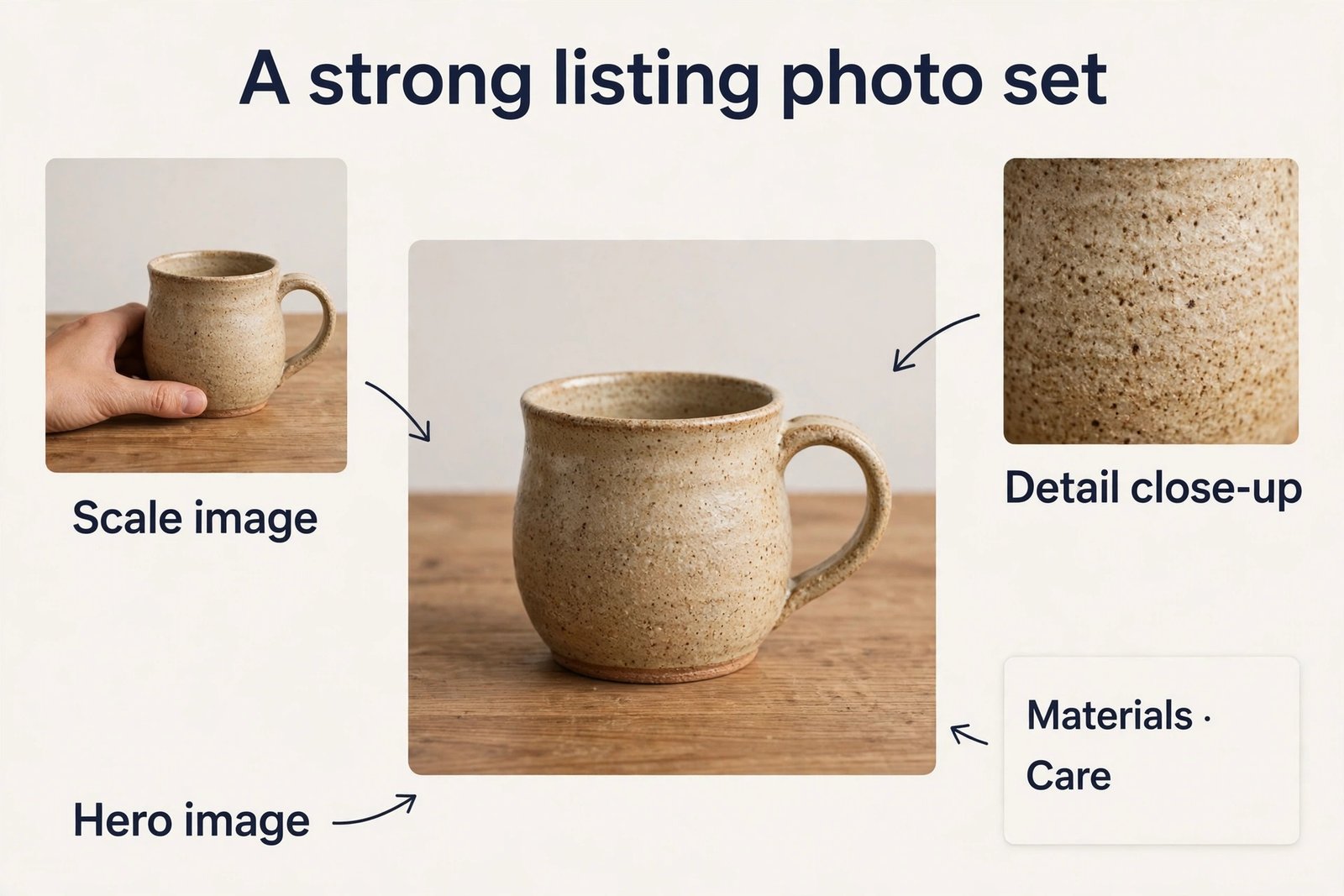 Annotated Etsy listing photo set with labels