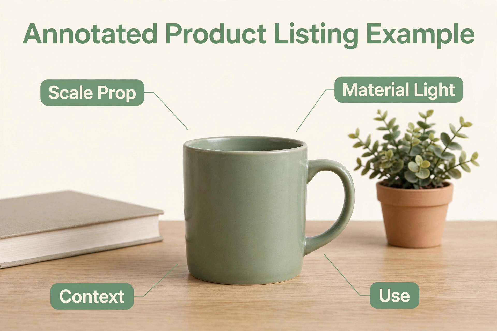 Annotated product mockup showing scale material context and use