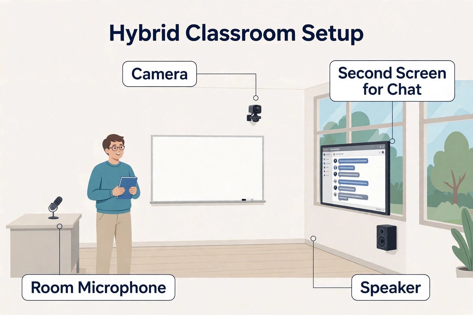 Annotated hybrid classroom audio and camera setup visual