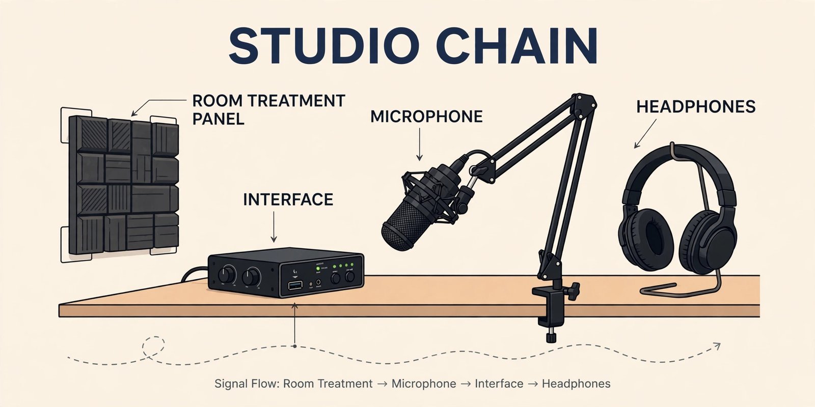 Annotated podcast studio chain with microphone interface and room treatment labels
