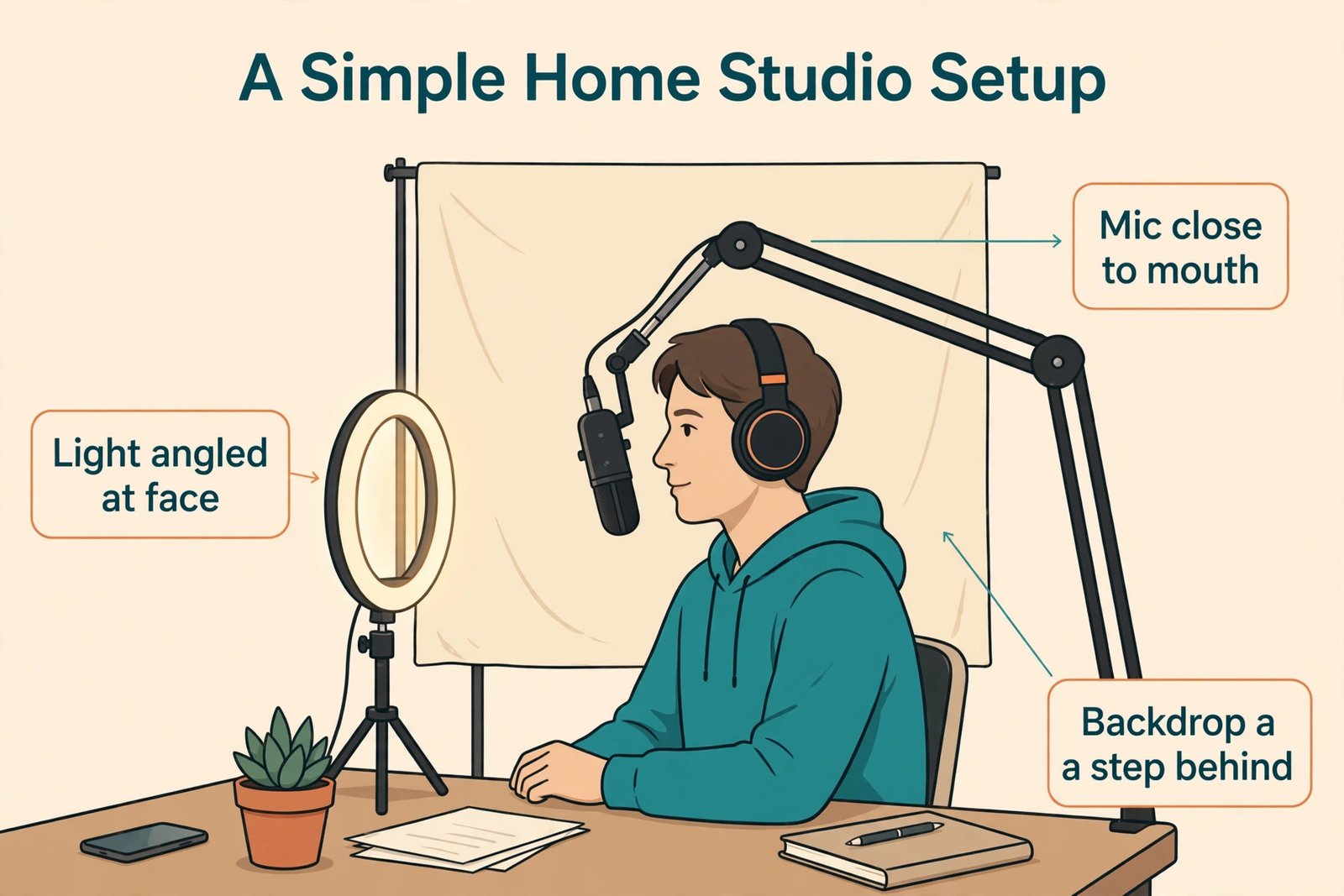 Annotated home studio setup for course recording