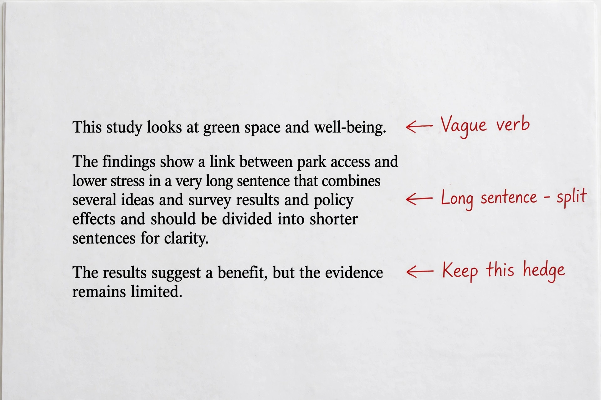 Annotated thesis paragraph with editing margin notes
