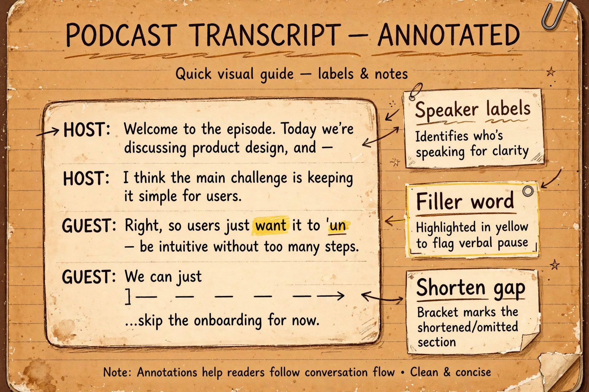 Annotated Descript transcript with speaker labels and edit marks