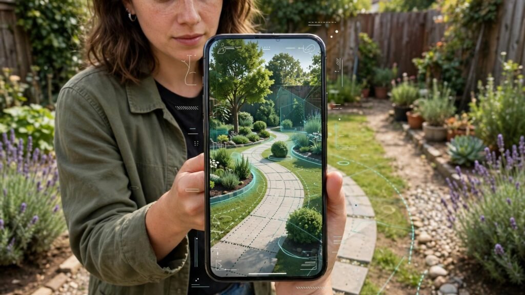 Phone showing AR garden design preview on site