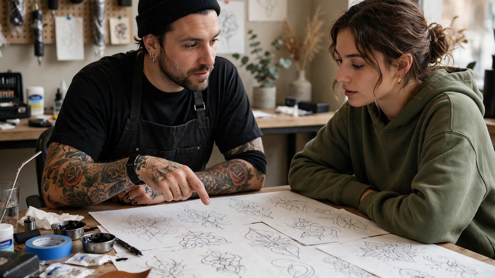 Tattoo artist consulting a client over design sketches