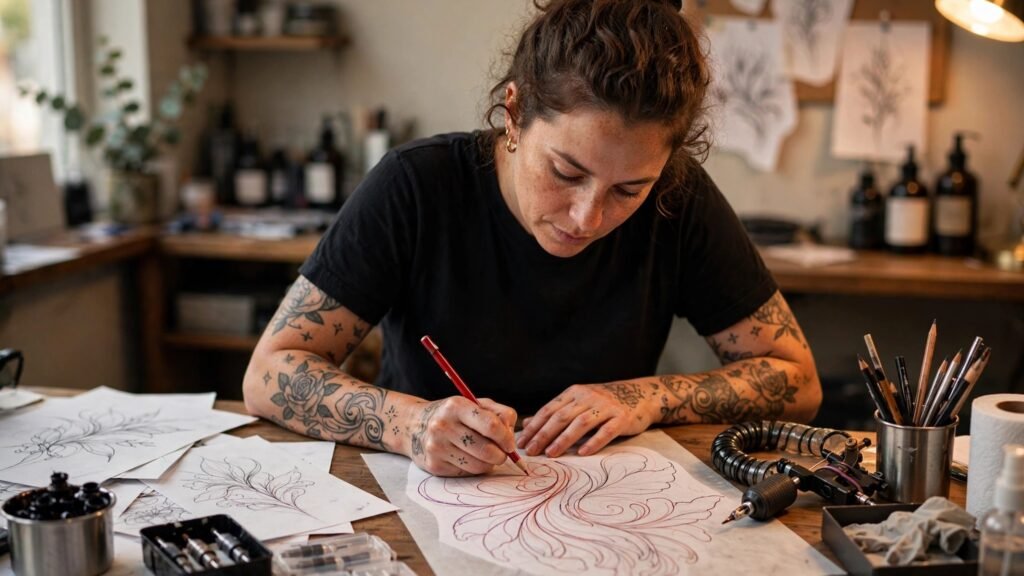 Tattoo artist redrawing an AI concept into a stencil