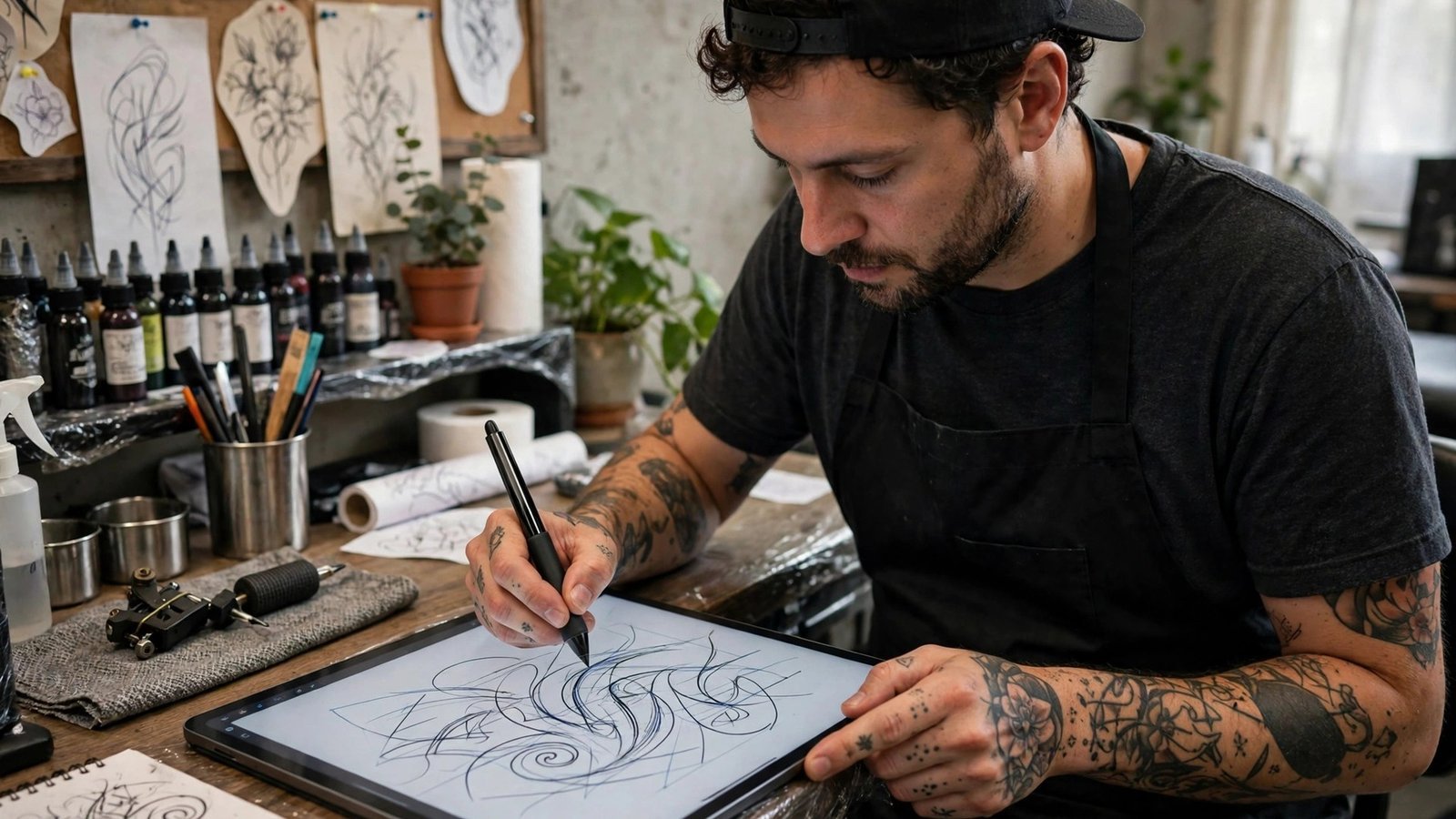 Tattoo artist drawing a design on a tablet