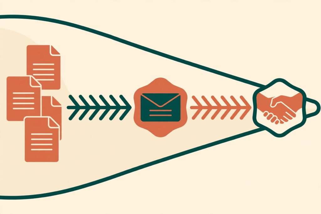 Flat vector illustration of an audience growth funnel from content to clients