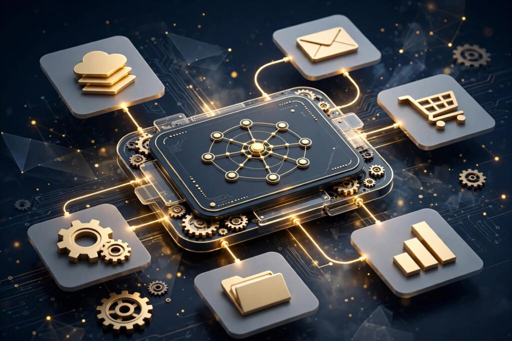 3D render of a workflow automation dashboard connecting business systems