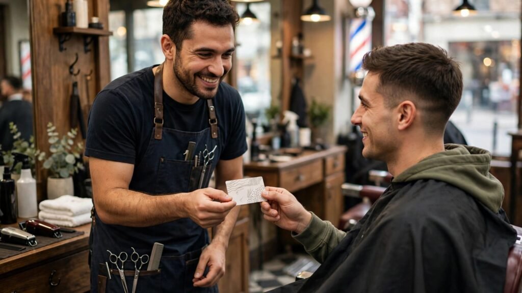 Barber giving a client a rebooking card after a cut