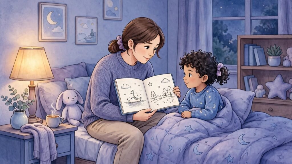 Parent reading a personalised AI bedtime story to a child