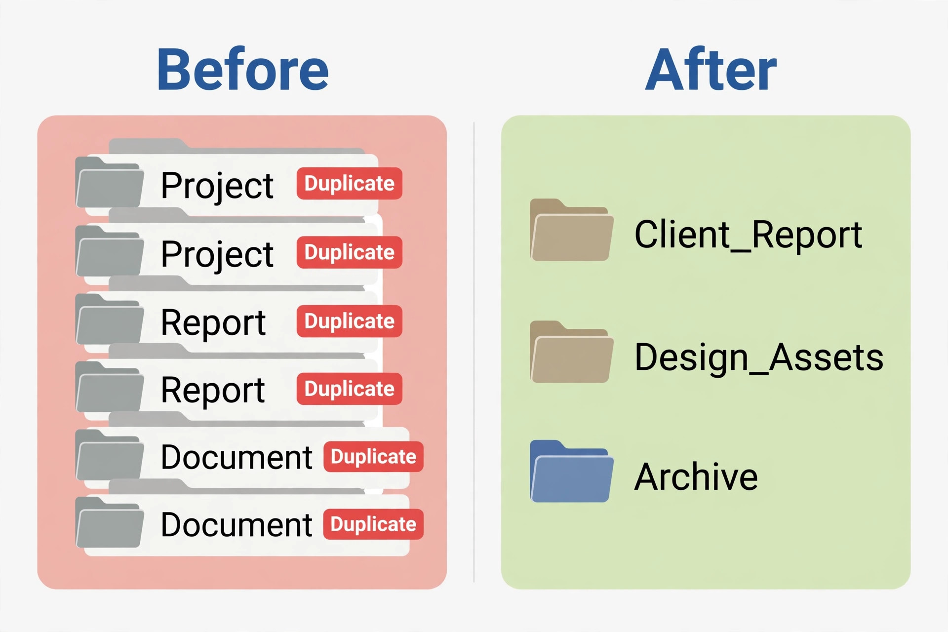 Before and after view of a cleaned Drive folder
