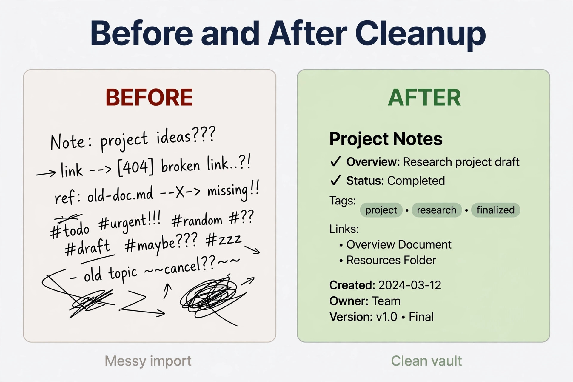 Before and after cleanup of an imported Obsidian note