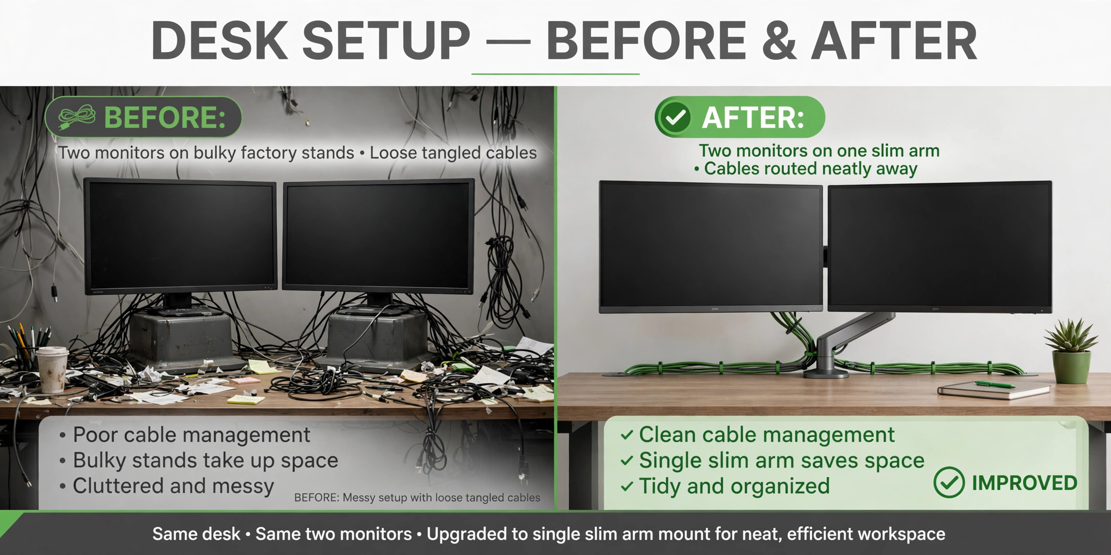 Before and after dual monitor desk with stands versus arm