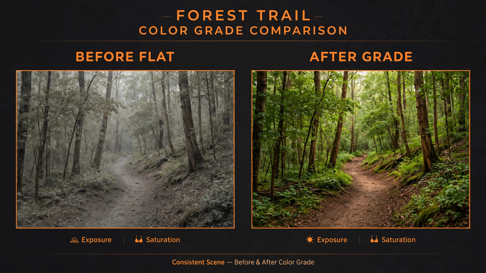 Before and after colour grade on action camera footage
