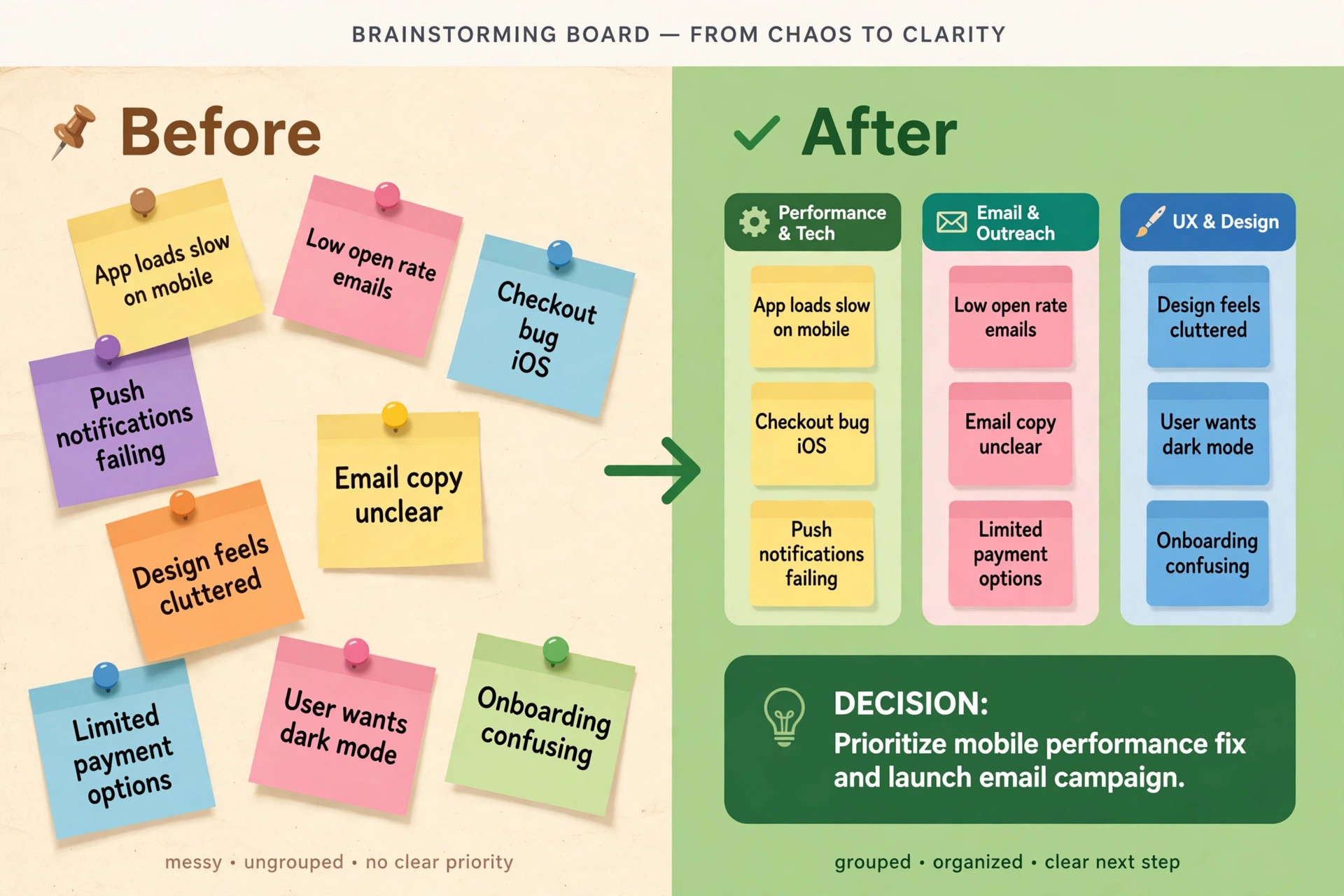 Before and after view of grouped brainstorming notes