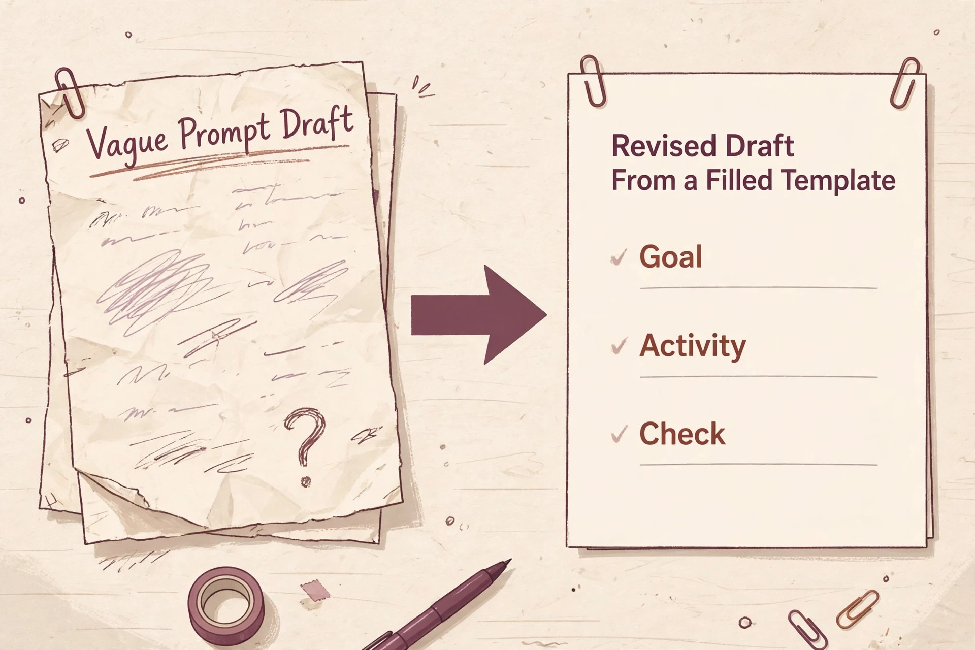 Before and after lesson drafts from a vague prompt and a filled template