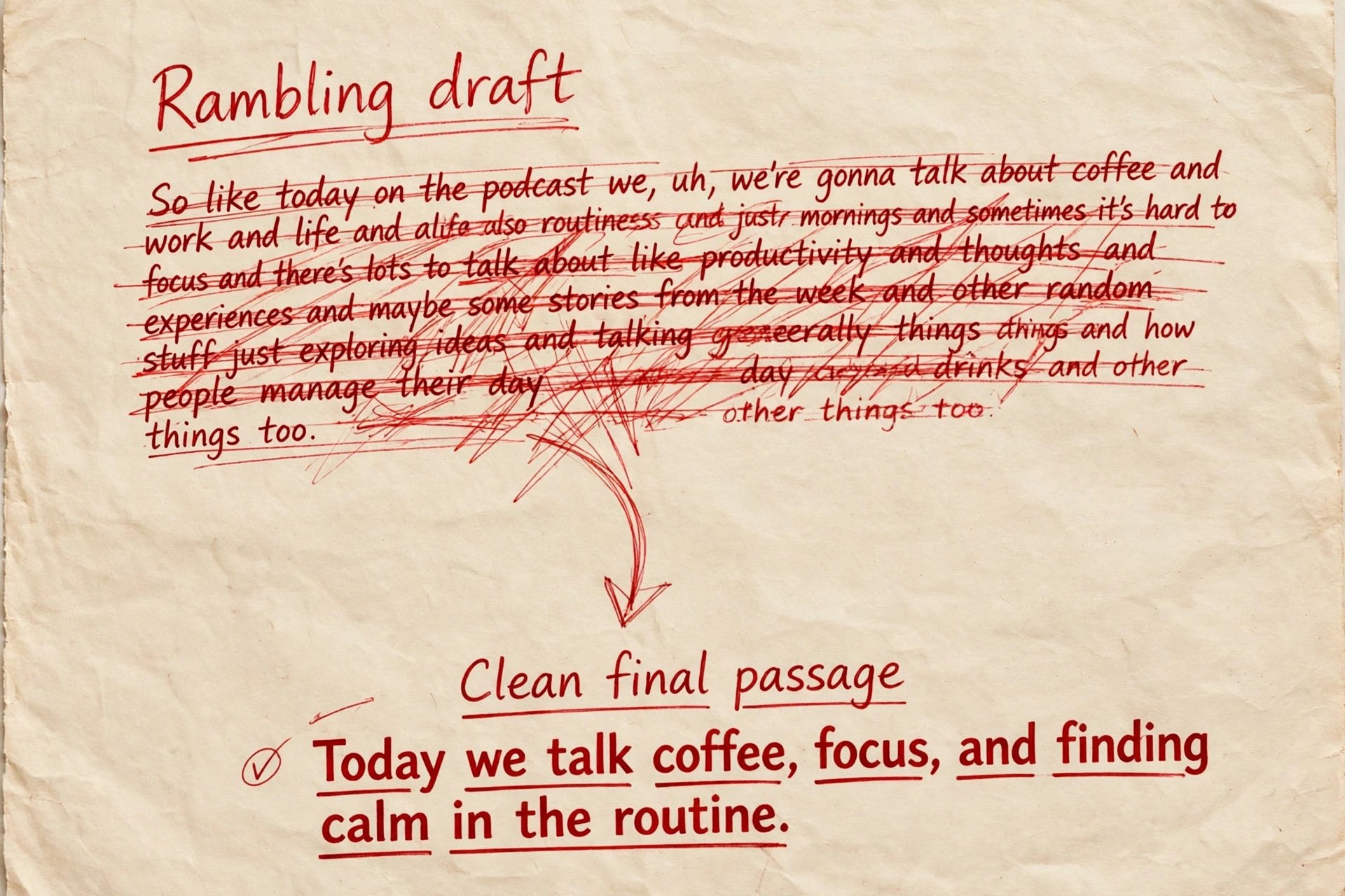 Before and after podcast transcript edit showing tightened passage