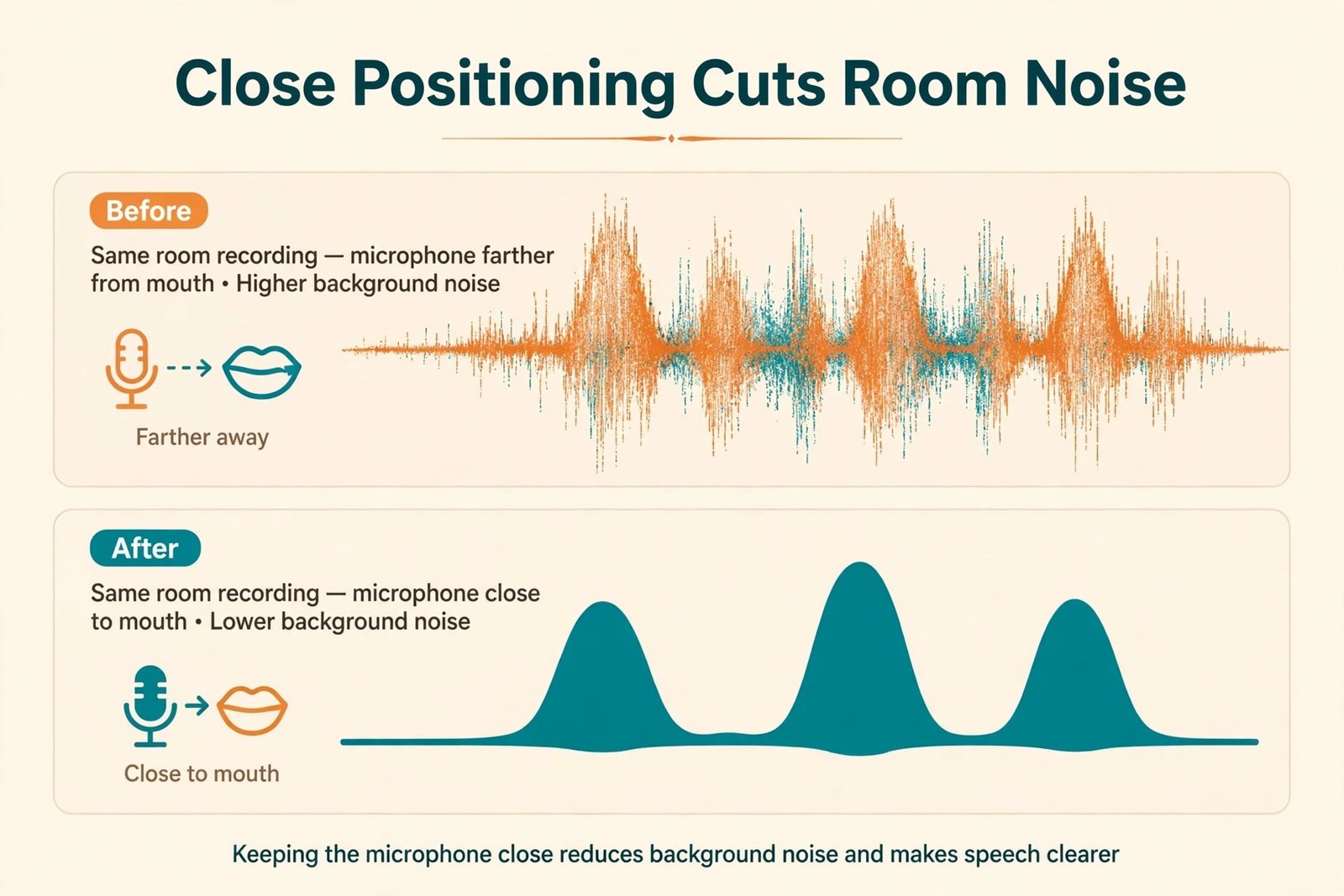 Before and after waveform for close microphone positioning in a noisy room