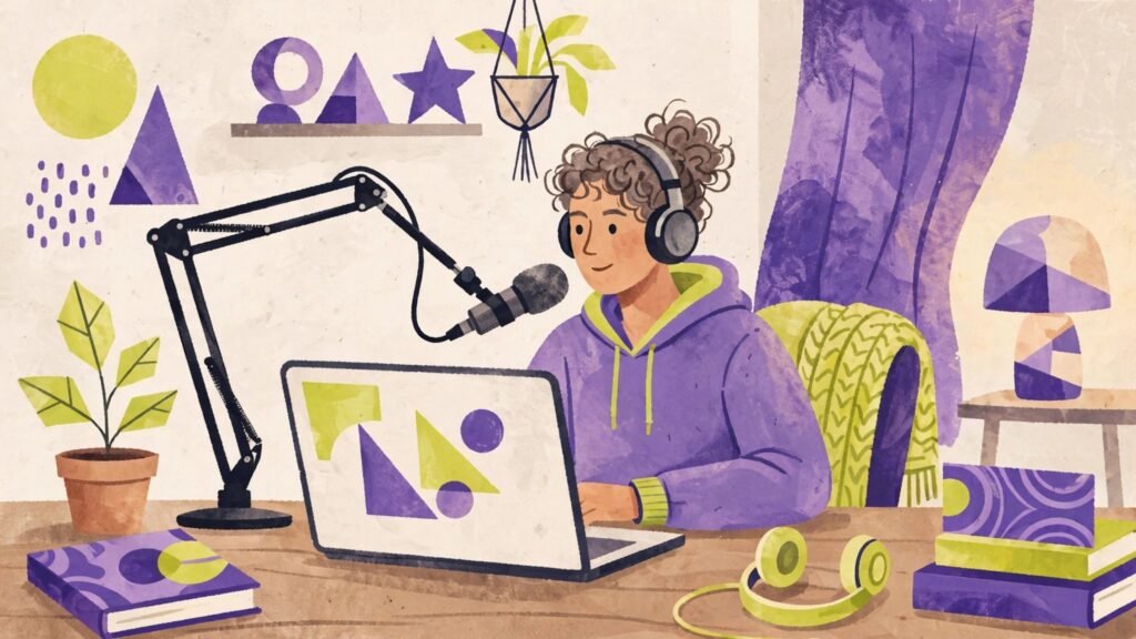 Beginner podcaster recording in a home studio