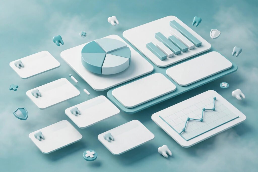 3D render of a dental billing dashboard with floating claim cards