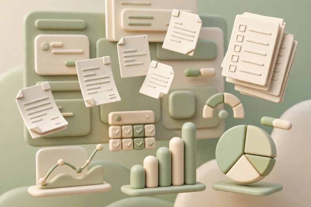 3D render of a billing and practice dashboard with invoices and charts