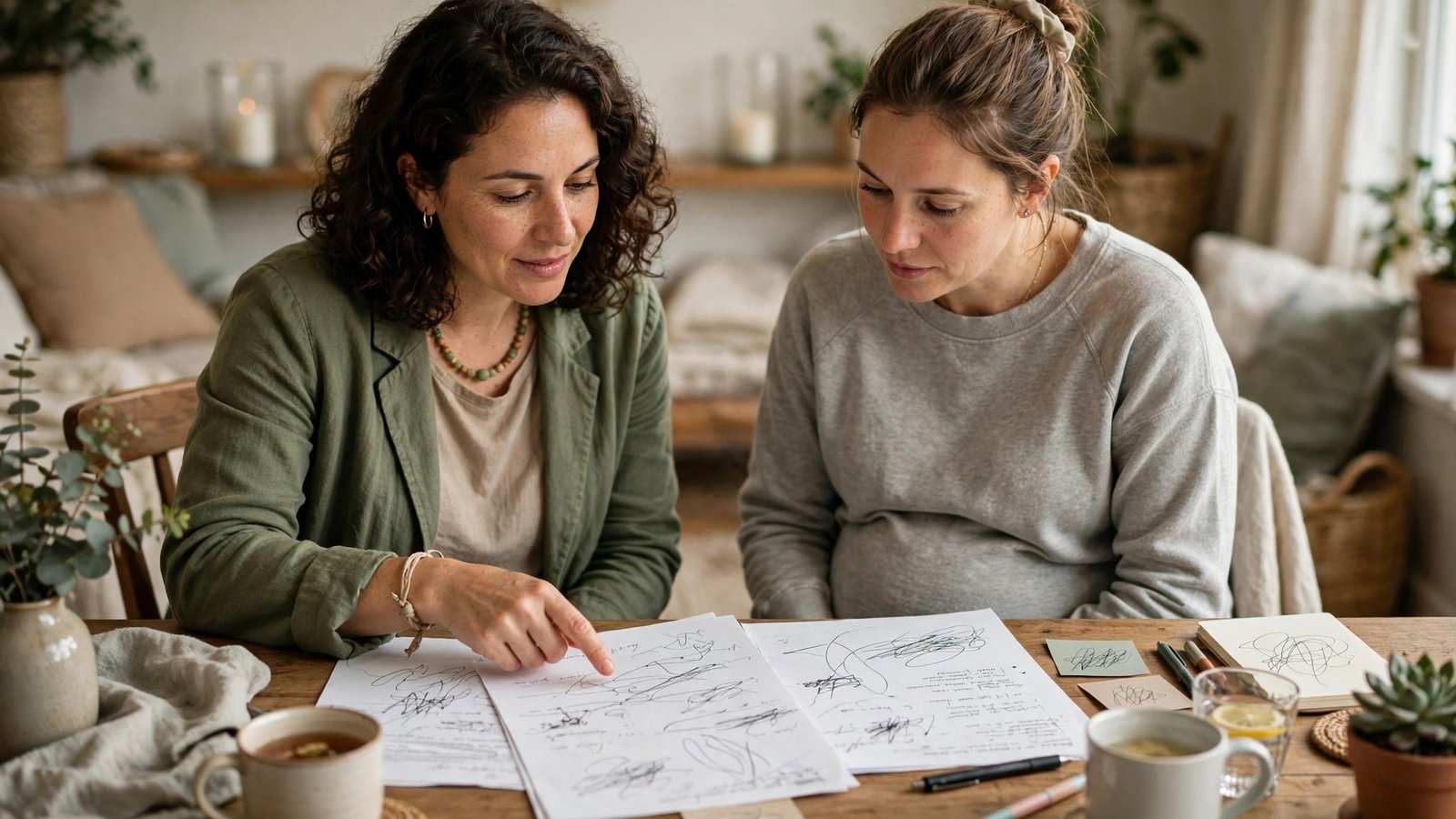 Doula and expectant parent reviewing a birth plan together