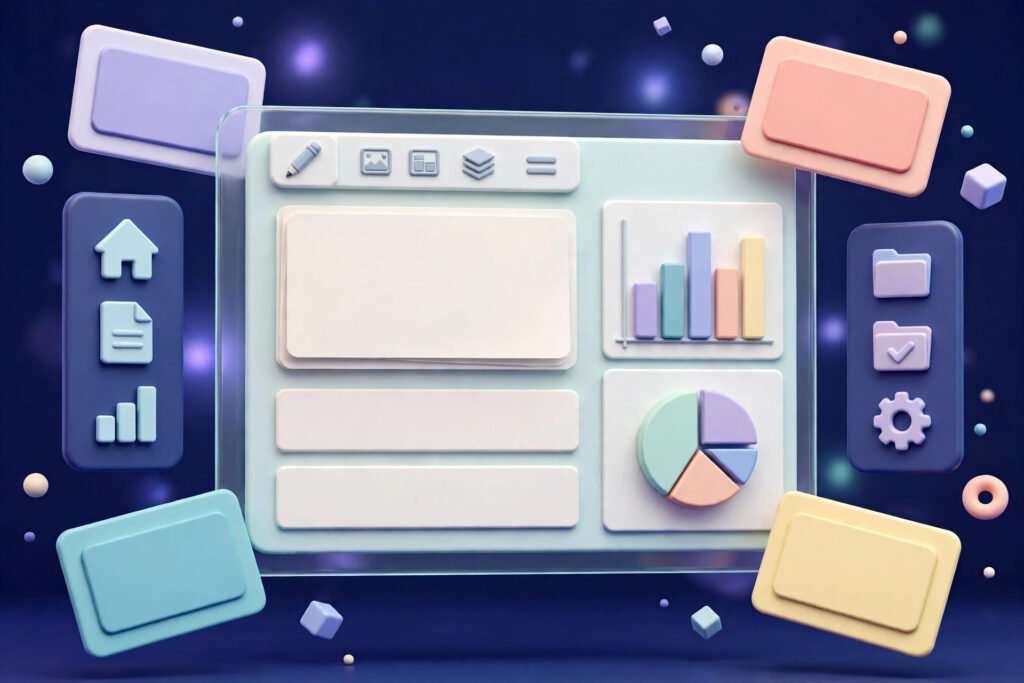 3D render of a blog editor dashboard with post cards