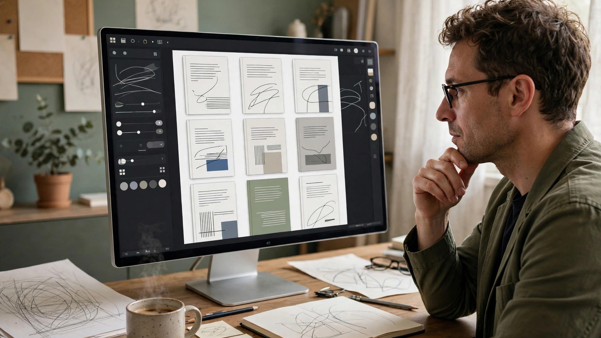 Author reviewing book cover design options