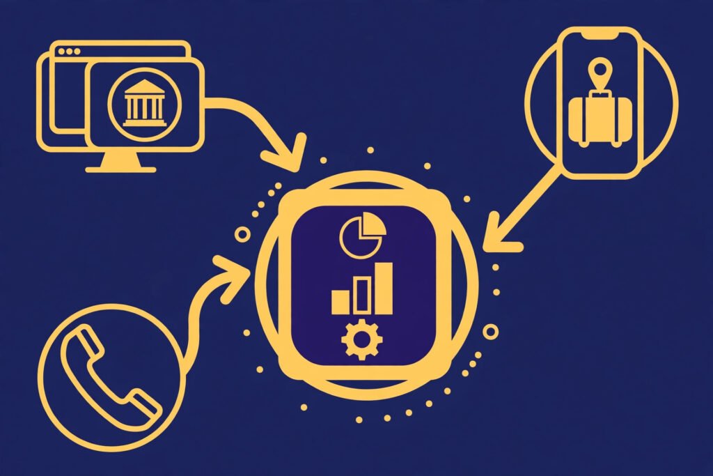 Flat vector illustration of hotel bookings flowing from many channels into one system