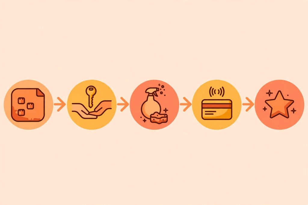 Flat vector illustration of a rental workflow from booking to review