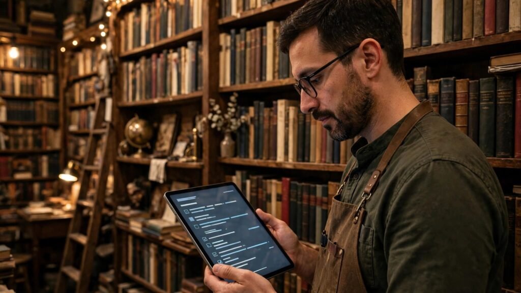 Bookseller checking book inventory on tablet
