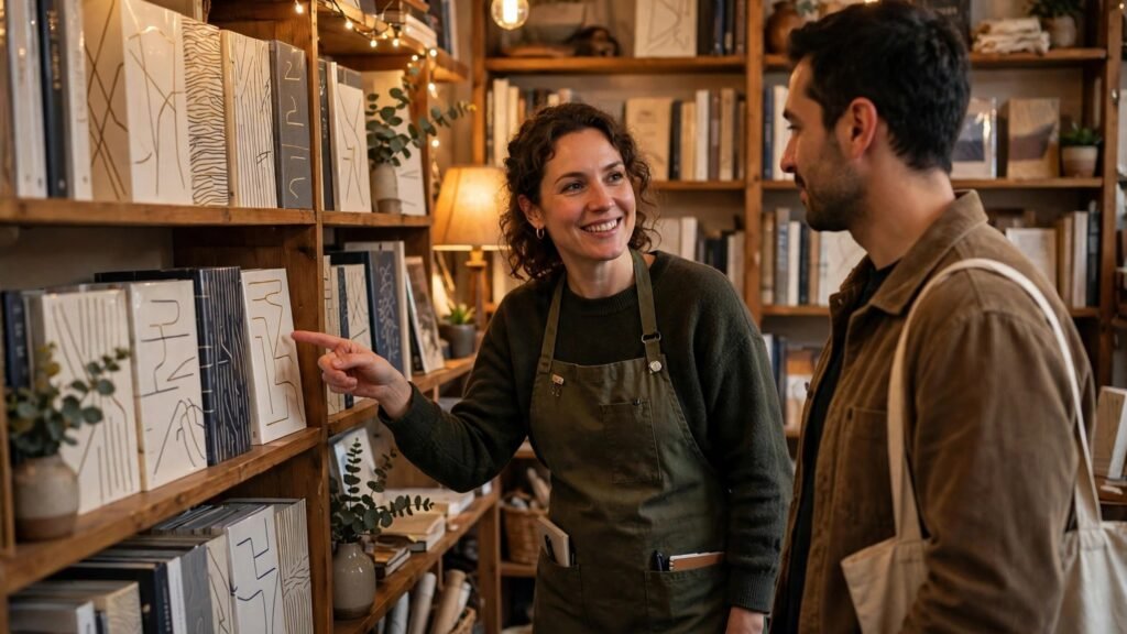 Bookshop staff recommending books to a customer